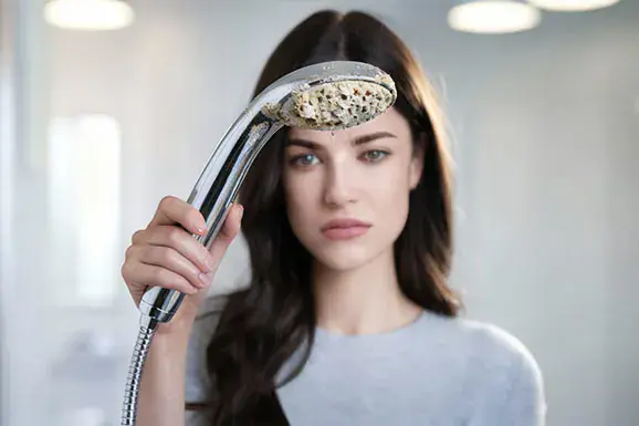 Shower head with limescale buildup (Before SoluCalc)